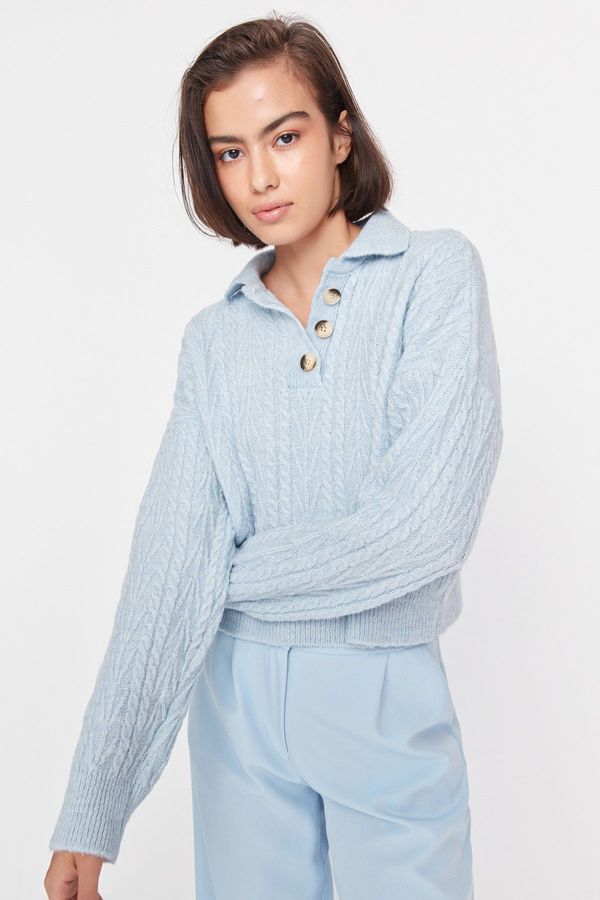 Trendyol Trendyol Light Blue Crop Polo Collar Knitwear Sweater