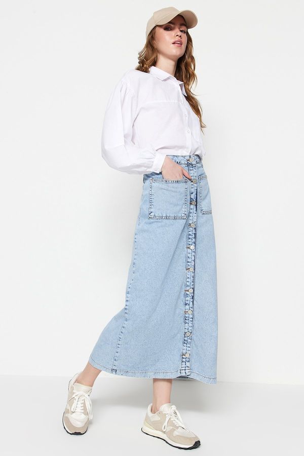 Trendyol Trendyol Light Blue Double Pocket High Waist Denim Jeans Skirt