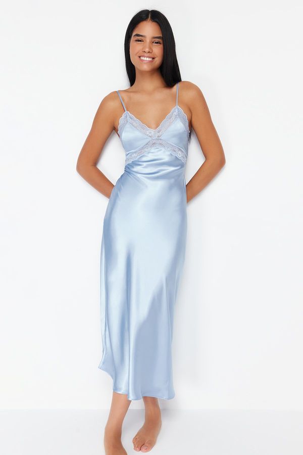 Trendyol Trendyol Light Blue Lace Detailed Satin Woven Nightgown