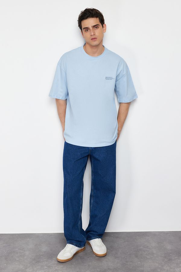 Trendyol Trendyol Light Blue Oversize 100% Cotton Crew Neck Minimal Text Printed T-Shirt