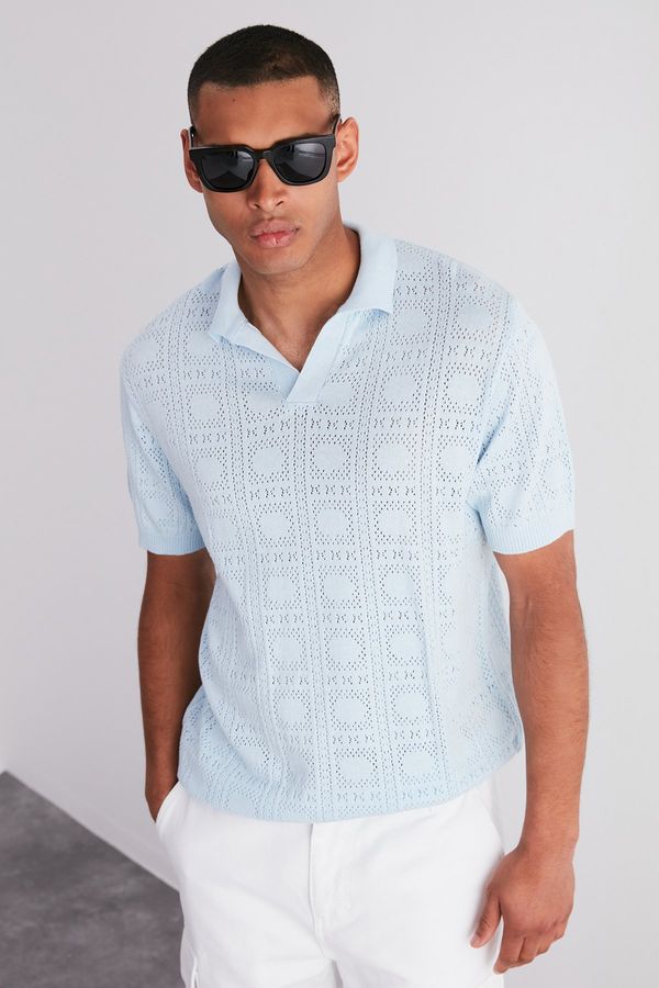 Trendyol Trendyol Light Blue Regular Fit Openwork Knitwear Polo Neck T-Shirt