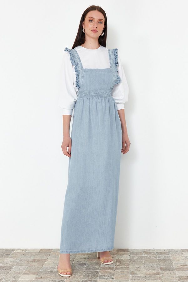 Trendyol Trendyol Light Blue Straps Ruffle Detailed Maxi Denim Dress