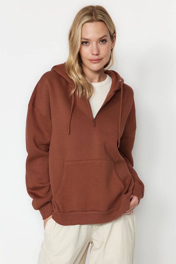 Trendyol Trendyol Light Brown Thick Fleece Hooded Zippered Basic Oversized Knitted Sweatshirt