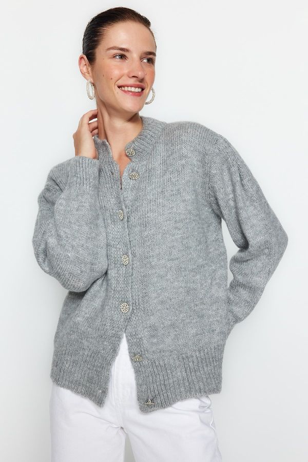 Trendyol Trendyol Light Gray Soft Textured Knitwear Cardigan with Jewelry Buttons
