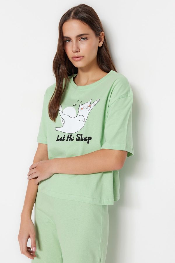 Trendyol Trendyol Light Green 100% Cotton Animal Printed T-shirt-Pants Knitted Pajama Set