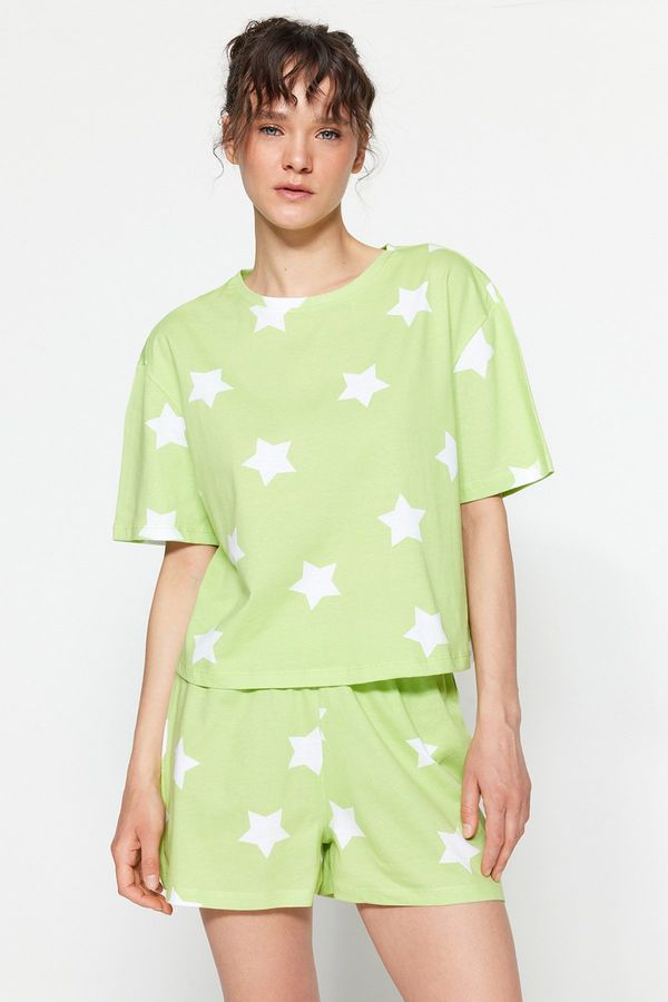 Trendyol Trendyol Light Green 100% Cotton Star Patterned T-shirt-Shorts Knitted Pajamas Set