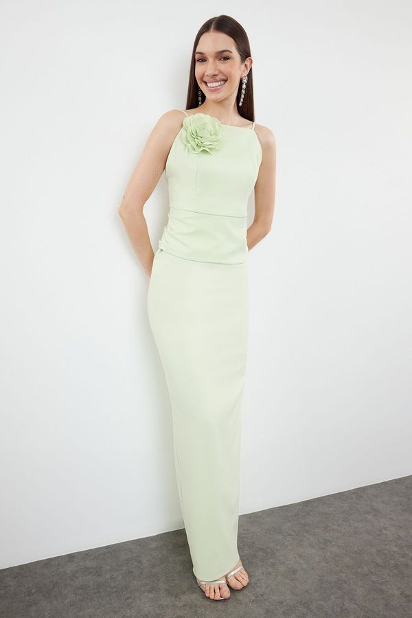 Trendyol Trendyol Light Green Rose Detailed Woven Long Elegant Evening Dress