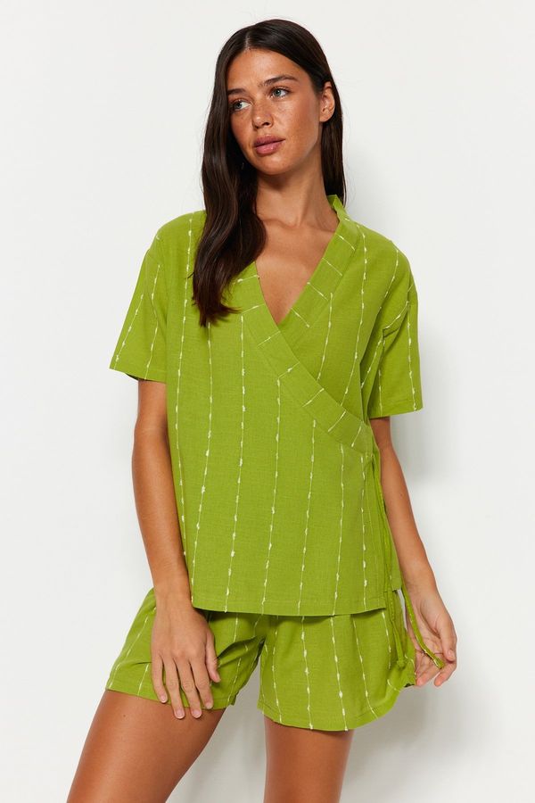 Trendyol Trendyol Light Green Striped 100% Cotton Viscose Wide Fit T-shirt-Shorts Woven Pajamas Set