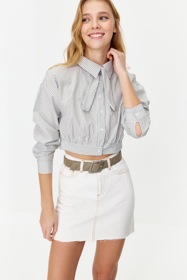 Trendyol Trendyol Light Khaki Striped Tie Detailed Fitted Crop Woven Shirt