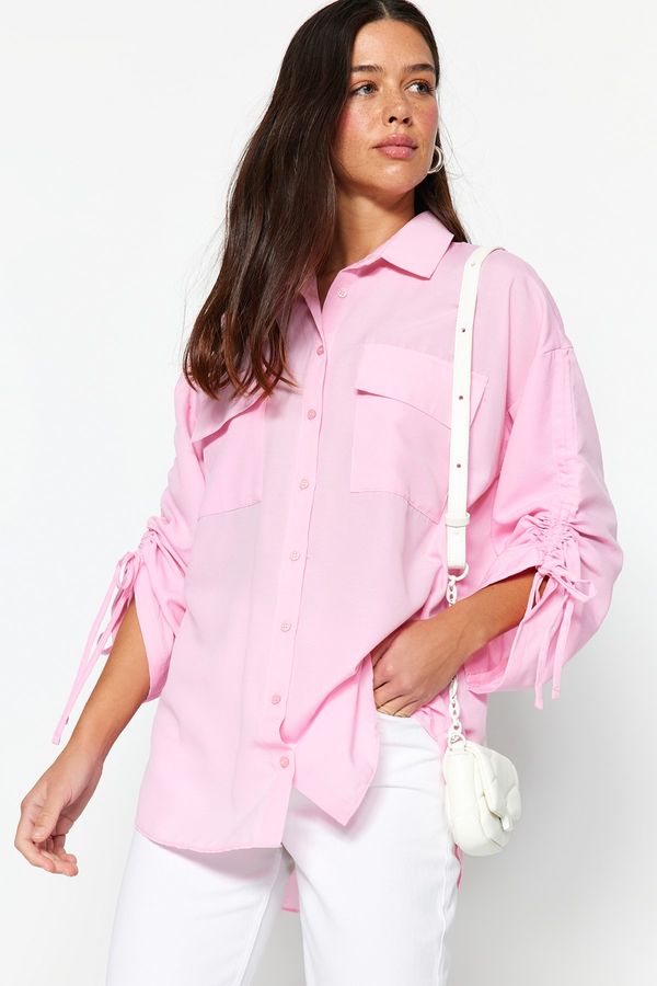 Trendyol Trendyol Light Pink Adjustable Gathered Detail Woven Cotton Shirt with Sleeves