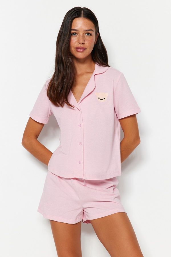 Trendyol Trendyol Light Pink Cotton Teddy Bear Embroidered Shirt-Shorts Knitted Pajama Set