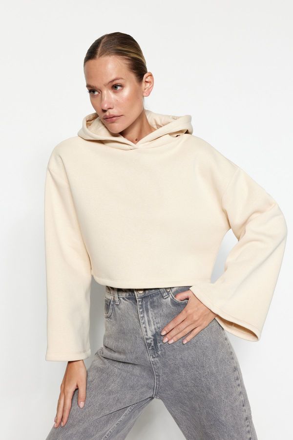 Trendyol Trendyol Light Stone Thick Fleece Comfort Fit Crop Spanish Sleeve Hooded Knitted Sweatshirt