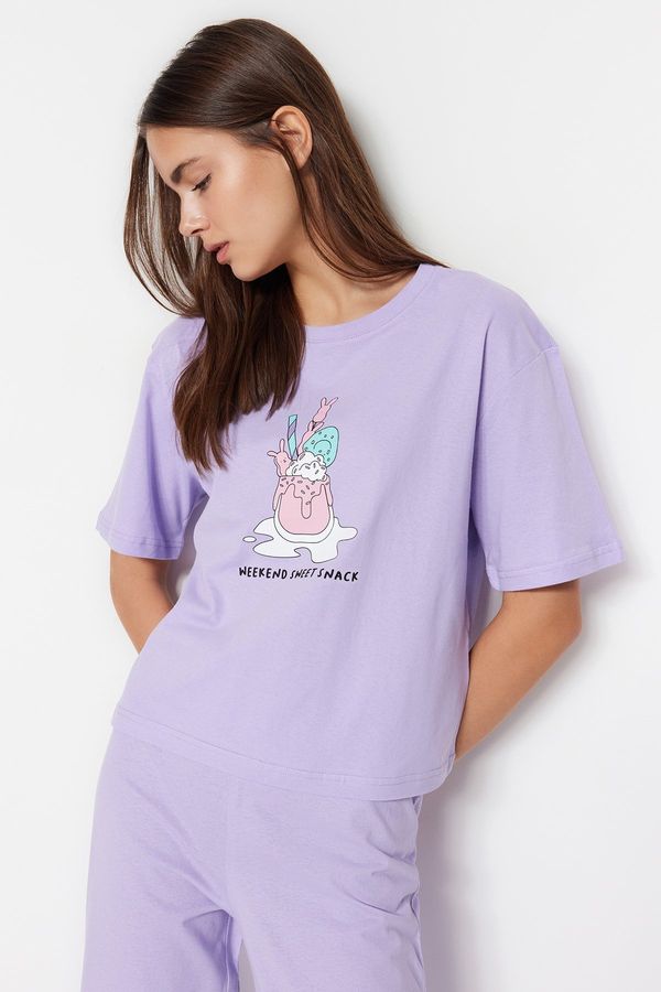 Trendyol Trendyol Lilac 100% Cotton Fun Printed T-shirt-Pants Knitted Pajamas Set