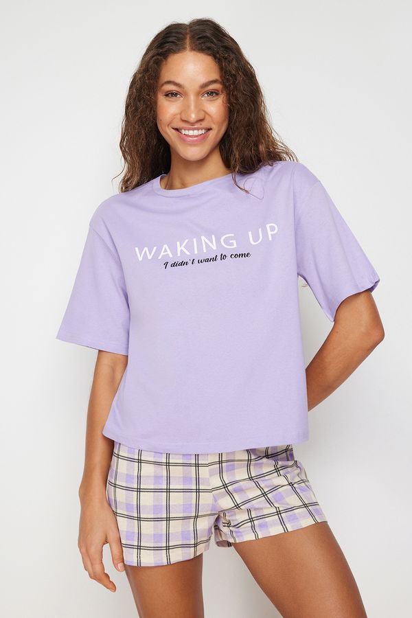 Trendyol Trendyol Lilac 100% Cotton Slogan Printed Knitted Pajama Set