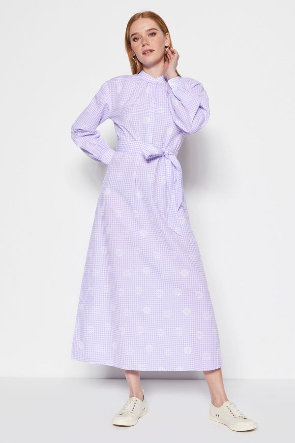Trendyol Trendyol Lilac Belted Checkered Flower Patterned Half Pat Woven Dress