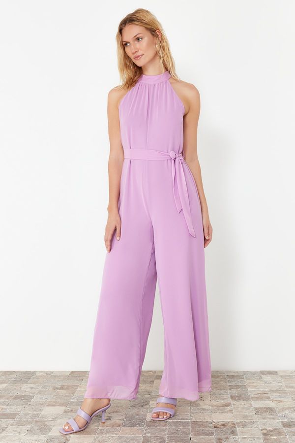 Trendyol Trendyol Lilac Belted Maxi Chiffon Lined Woven Jumpsuit