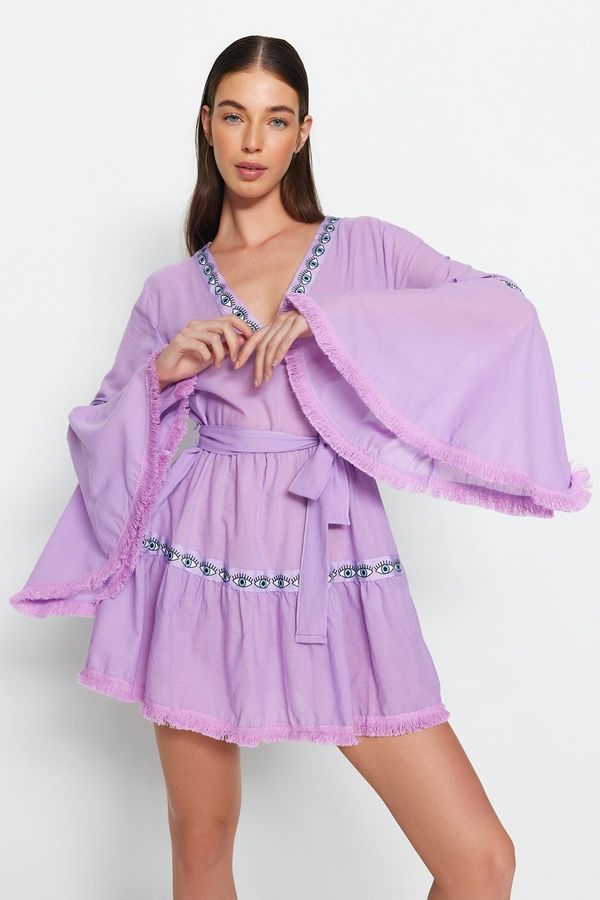 Trendyol Trendyol Lilac Belted Mini Weave and Ruffled 100% Cotton Beach Dress