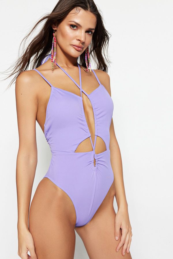 Trendyol Trendyol Lilac Deep V-Neck Cut Out/Windowed High Leg Swimsuit