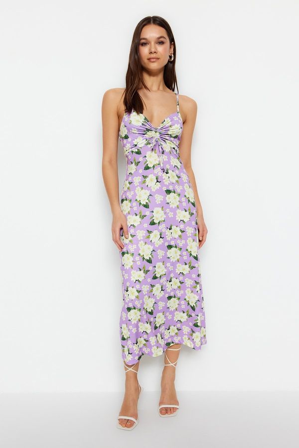 Trendyol Trendyol Lilac Floral Pattern Shirring Detailed A-Line Midi Sweetheart Neck Straps, Flexible Knitted Dress