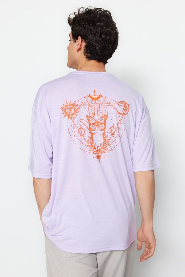 Trendyol Trendyol Lilac Men's Oversize/Wide Cut Crew Neck Short Sleeved Printed T-Shirt