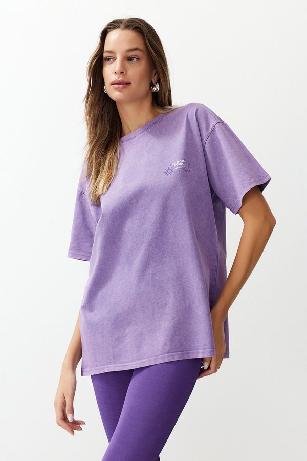 Trendyol Trendyol Lilac Oversize/Large Wash Motto and Back Printed 100% Cotton Knitted T-Shirt