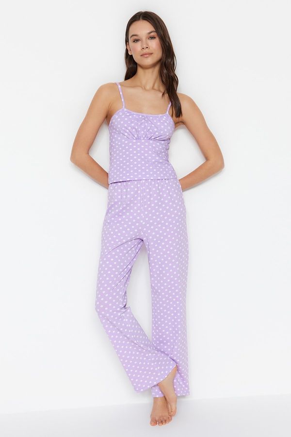 Trendyol Trendyol Lilac Polka Dot Cotton Undershirt-Pants Knitted Pajama Set
