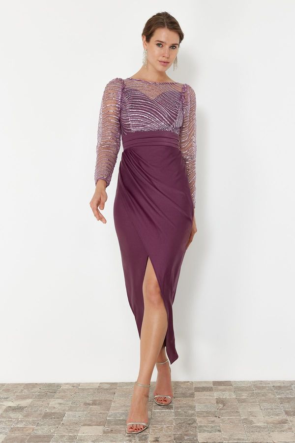Trendyol Trendyol Lilac Sequin Tulle Knitted Long Elegant Evening Dress