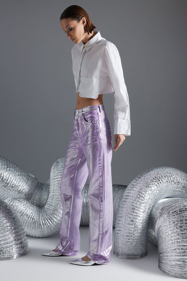 Trendyol Trendyol Lilac Shiny Metallic Print High Waist Wide Leg Jeans