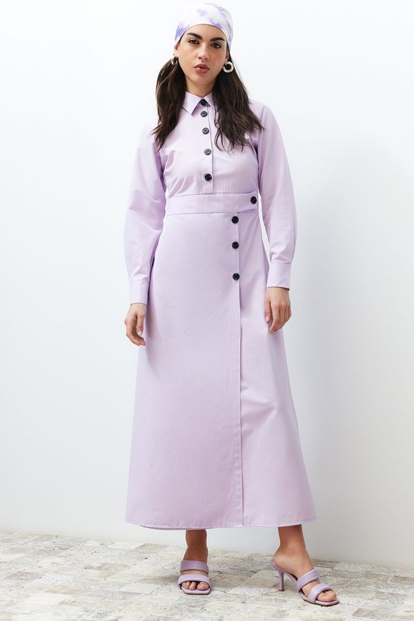 Trendyol Trendyol Lilac Shirt Collar Button Detail Plain Woven Dress
