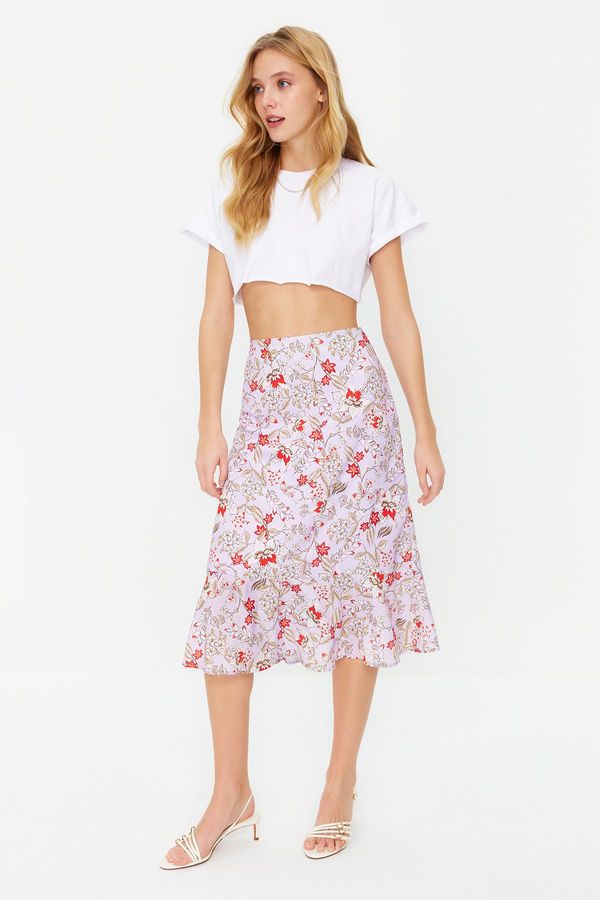 Trendyol Trendyol Lilac Skirt Flounce Viscose Fabric Animal Pattern Midi Woven Skirt