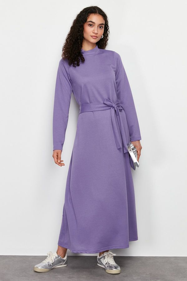 Trendyol Trendyol Lilac Stand Collar Straight Belted Knitted Dress