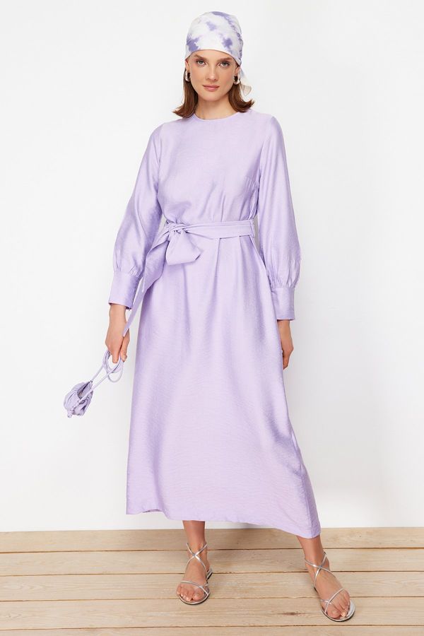 Trendyol Trendyol Lilac Wide Belted Zipper Cuff Woven Linen Look Dress