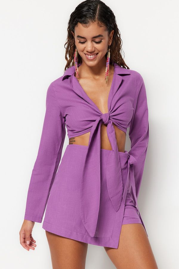 Trendyol Trendyol Lilac Woven Tie 100% Cotton Blouse, Shorts & Skirt Set