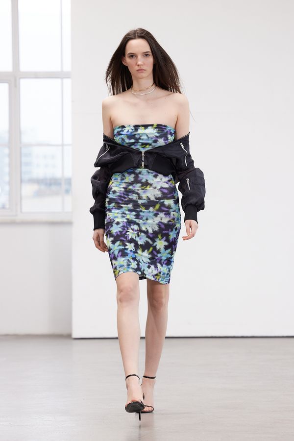 Trendyol Trendyol Limited Edition Blue Floral Printed Mini Strapless Neck Flexible Knitted Dress