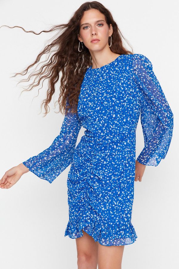 Trendyol Trendyol Limited Edition Blue Mini Woven Gathered Chiffon Floral Woven Dress