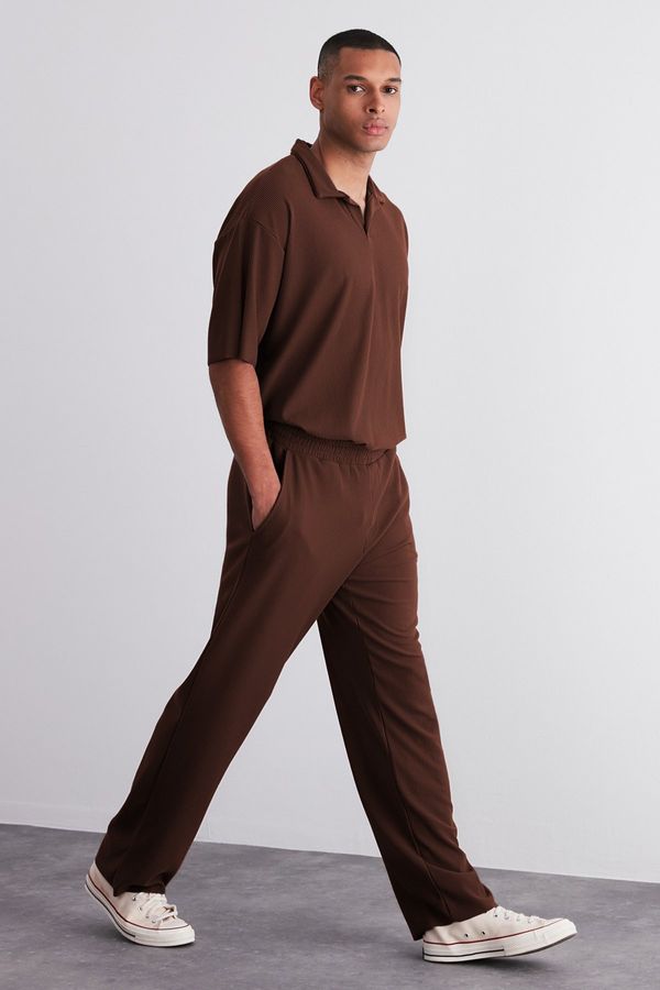 Trendyol Trendyol Limited Edition Brown Comfort/Wide Leg Textured Wrinkle-Resistant Hidden Drawstring Sweatpants