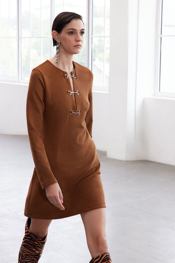 Trendyol Trendyol Limited Edition Camel Accessory Detailed Suede Mini Winter Woven Dress