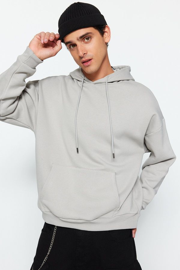 Trendyol Trendyol Limited Edition Gray Oversize/Wide Cut Embroidered Fleece Hooded Sweatshirt