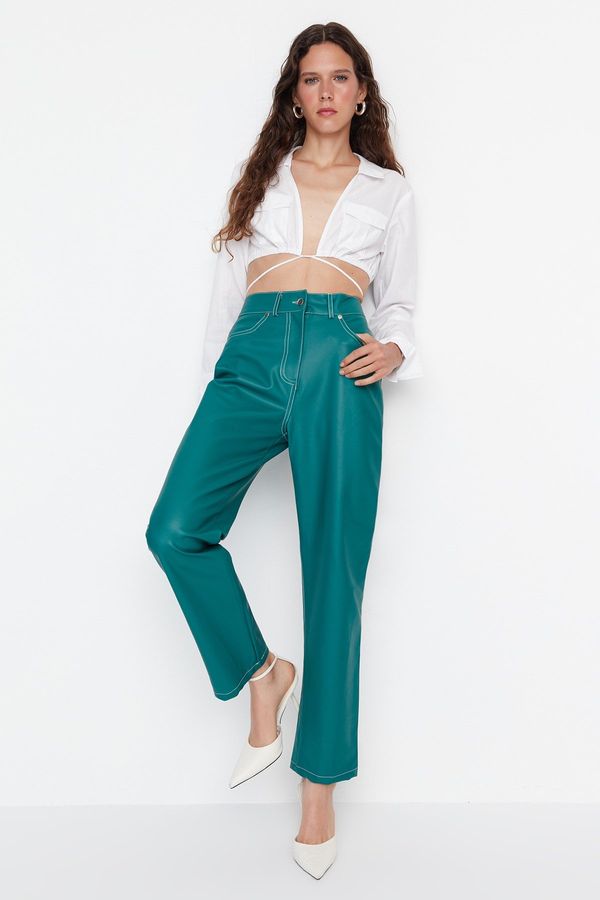 Trendyol Trendyol Limited Edition Green Straight Woven Faux Leather Trousers