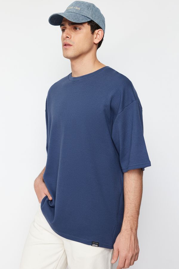 Trendyol Trendyol Limited Edition Indigo Oversize 100% Cotton Labeled Textured Basic Thick T-Shirt