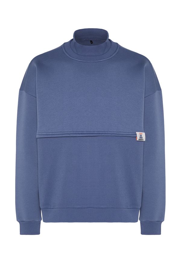 Trendyol Trendyol Limited Edition Indigo Oversize/Wide Cut Labeled Fleece Thick Sweatshirt