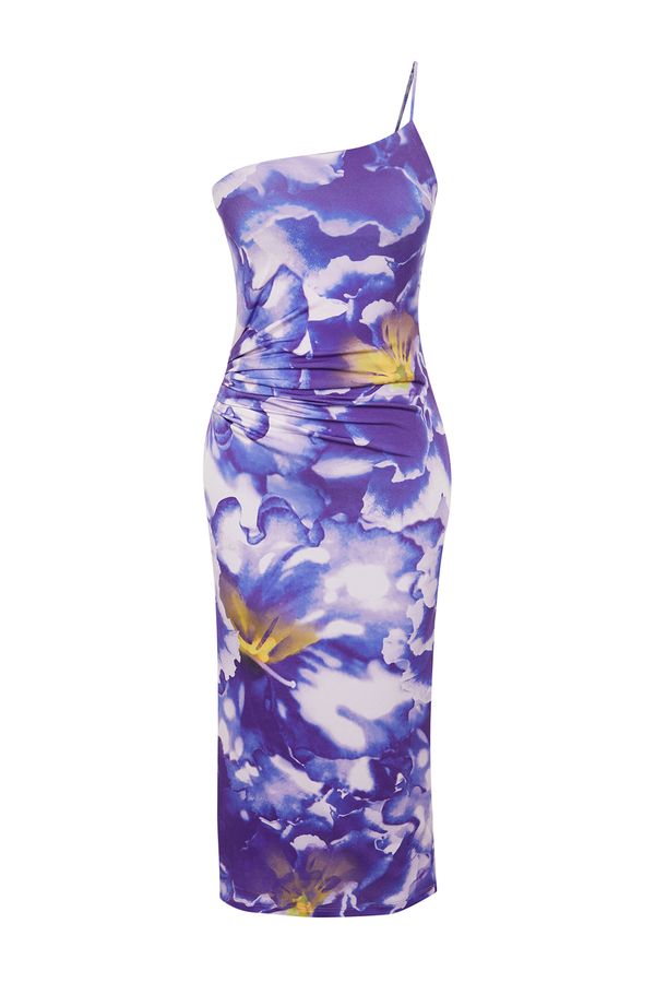 Trendyol Trendyol Limited Edition Purple Printed Fitted Midi One-Shoulder Elastic Knit Dress