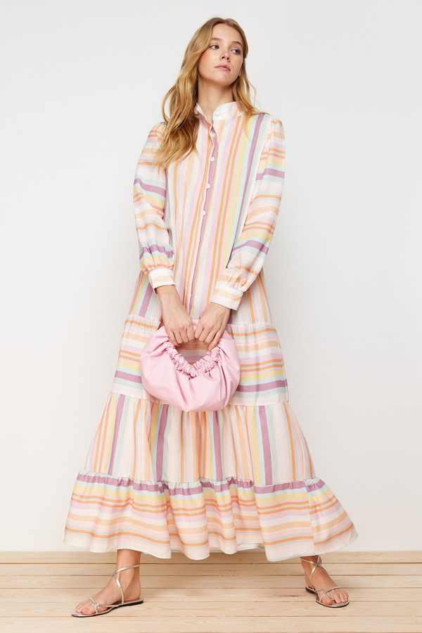 Trendyol Trendyol Linen Look Woven Dress with Multi-Colored Striped Skirt and Ruffles