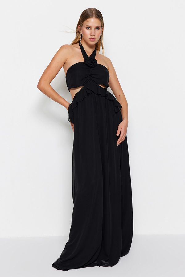 Trendyol Trendyol Long Evening Dress In Chiffon With Window/Cut Out Detailed Ruffles With Black Lined