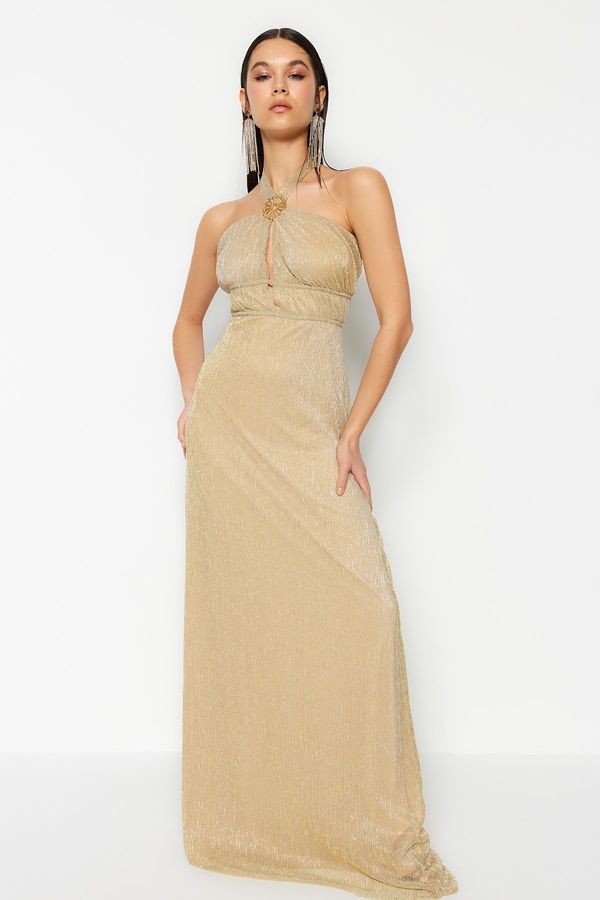 Trendyol Trendyol Long Evening Dress with Window/Cut Out Detailed Gold Opening at the Waist/Skater Lined Evening Dress