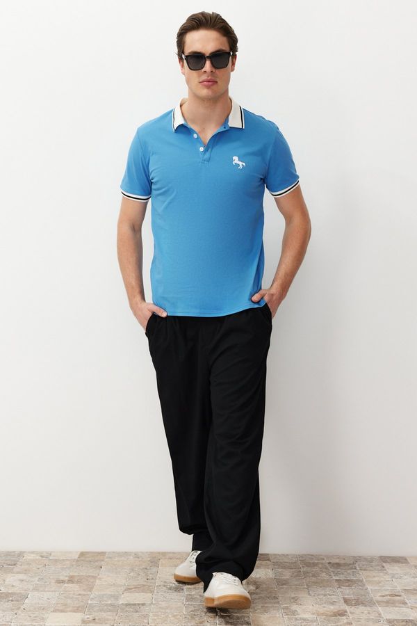 Trendyol Trendyol Men's Blue Slim/Fit Cut Horse Embroidered 100% Cotton Polo Neck T-Shirt