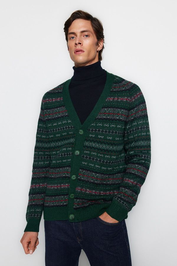 Trendyol Trendyol Men's Green Slim Fit V Neck Jacquard Knitwear Cardigan