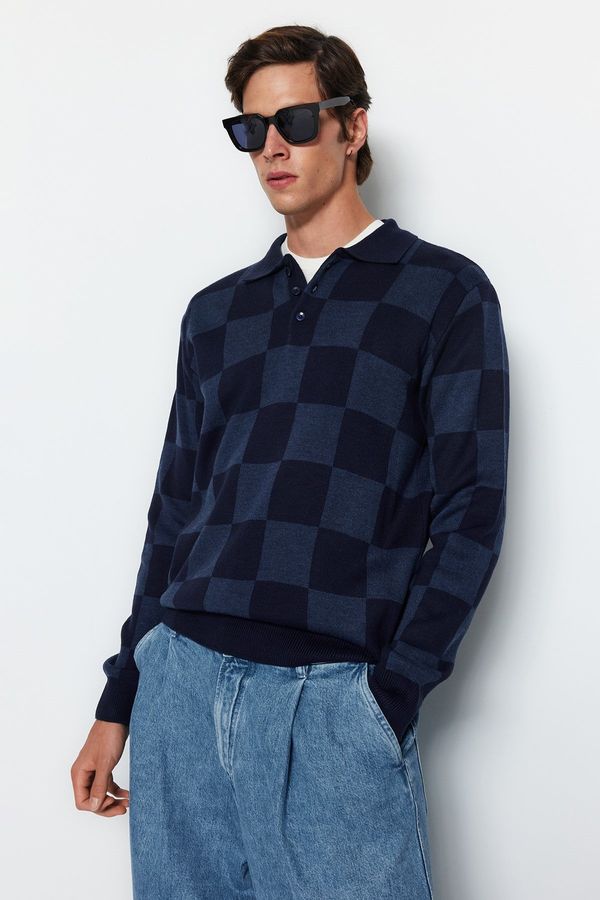 Trendyol Trendyol Men's Navy Blue-Indigo Regular Fit Checkered Polo Neck Knitwear Sweater