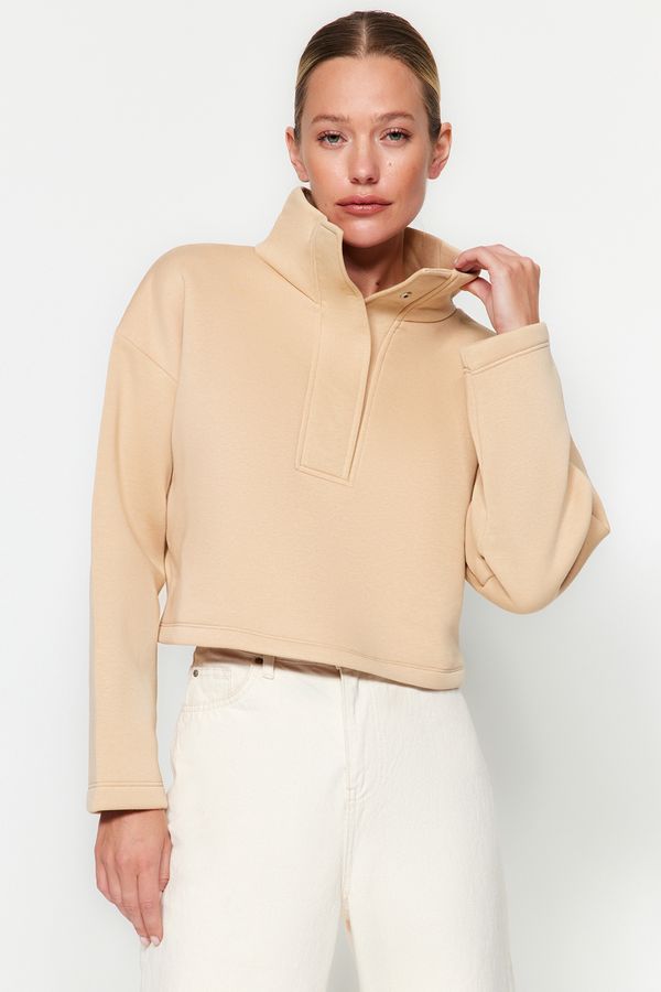 Trendyol Trendyol Mink Comfort Fit Crop High Neck Snap Snap Thick Fleece Knitted Sweatshirt