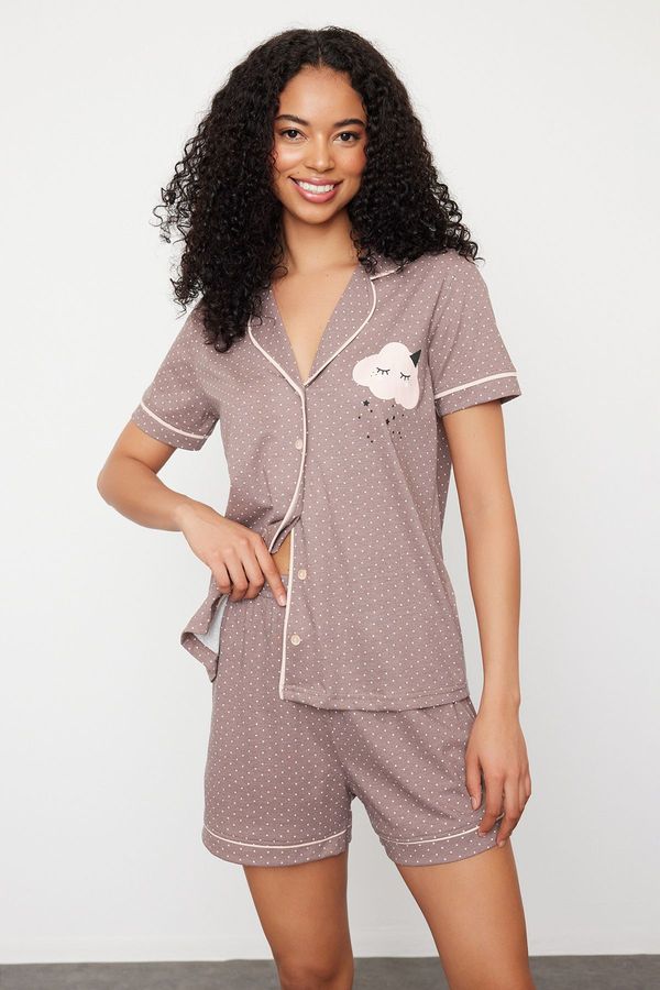 Trendyol Trendyol Mink Cotton Polka Dot Printed Knitted Pajama Set with Piping Detail
